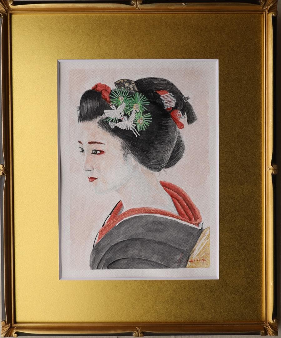 『挑む（のぞむ）』　※京都の舞妓さん。　手描き1点物。（水彩防カビ保護ワニス済）