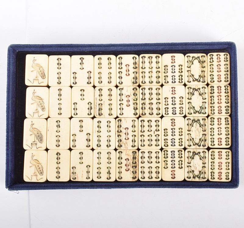 中国　竹嵌　骨牌　背竹牌　麻雀牌　皮ケース付　M　8694