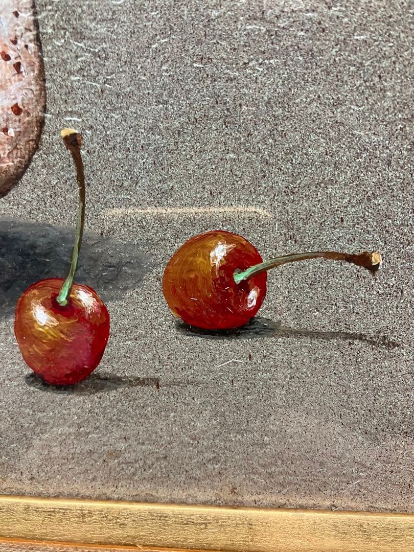 G01）小坂正次　油絵　志野茶碗とサクランボ 油絵