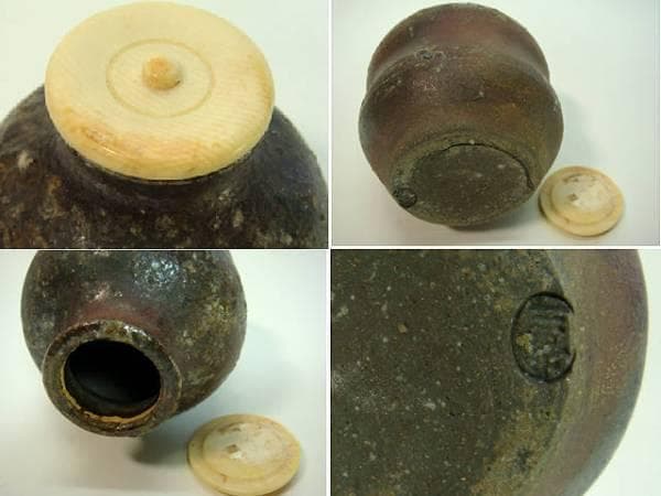 茶入■古い時代物古備前茶入れ 瓢箪型 牙蓋 古陶器 お茶道具 時代物 骨董品■