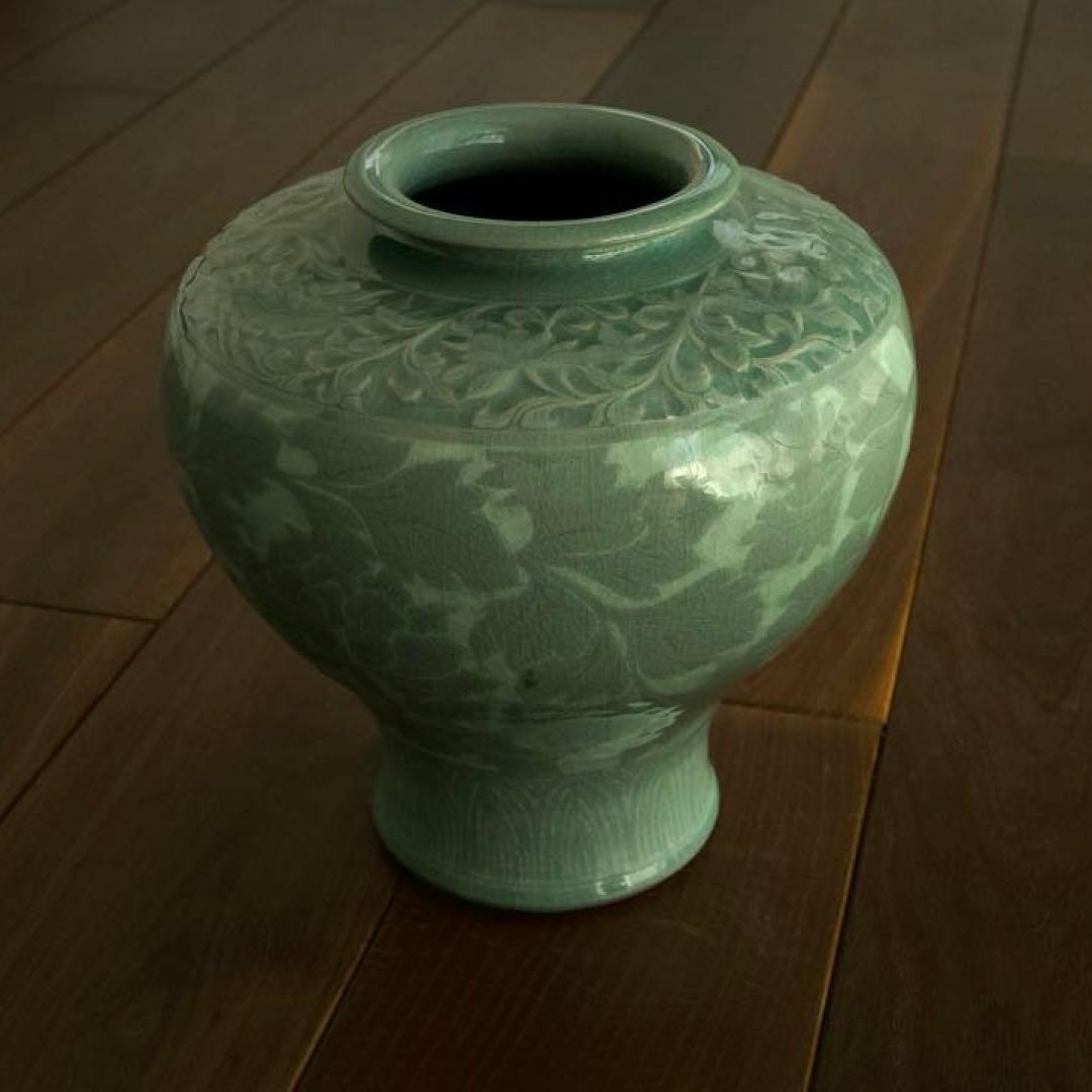 【美品】高麗青磁 唐草紋様 大壺33cm