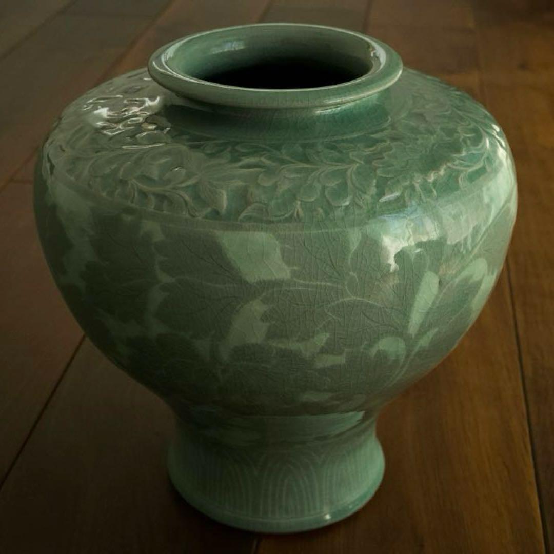 【美品】高麗青磁 唐草紋様 大壺33cm