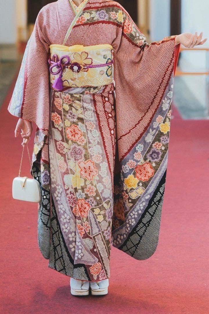 総絞り　桜　熨斗　振袖　成人式　フルセット　正絹　赤