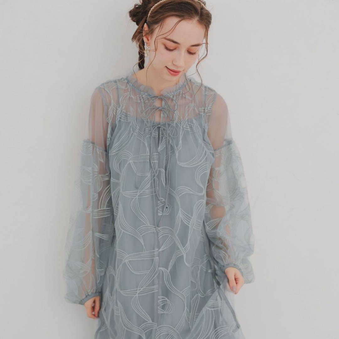 リボン刺繍ギャザードレス Dorry Doll チャコール