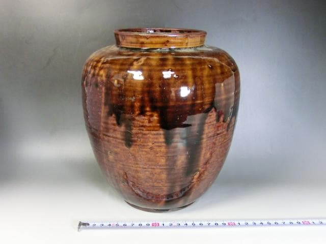 壷●古い飴釉 涙痕 甕 瀬戸 江戸期 口広花瓶 花器 置物 時代物 骨董品■
