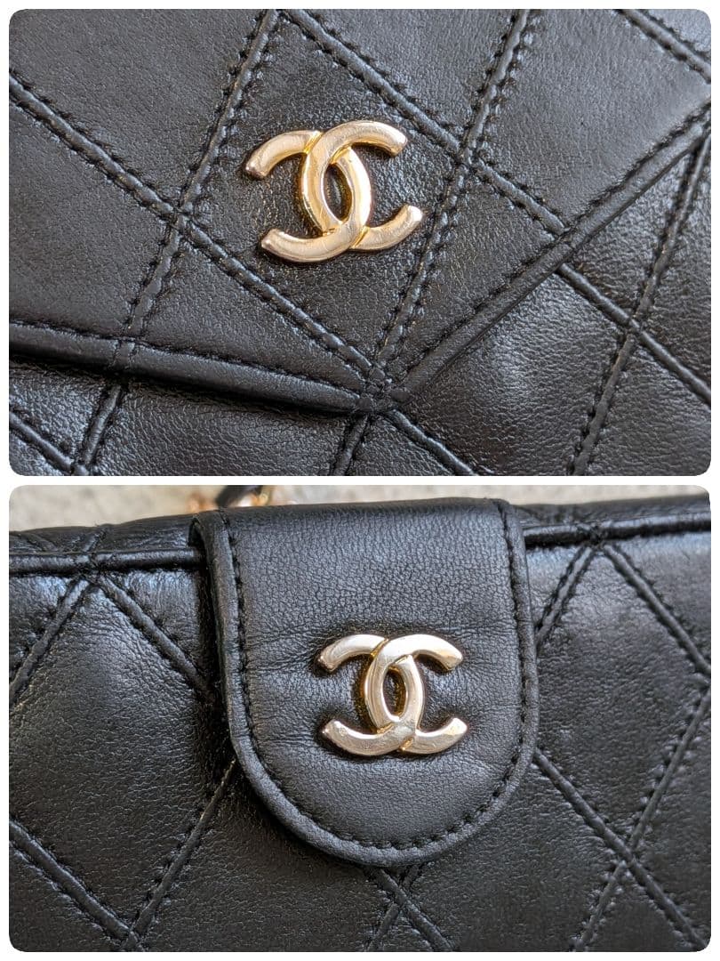 シャネル　黒　ビコローレ　Wホック折り財布　ラムスキン　チェーン　ショルダー