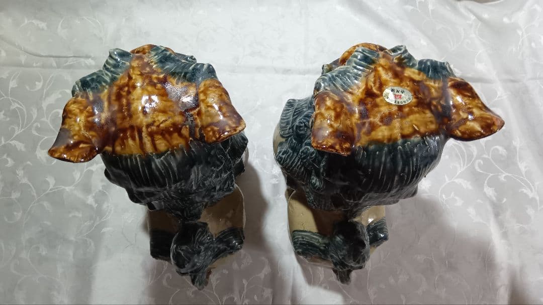 シーサー　38cm高　大型　陶器製 獅子の置物 青白