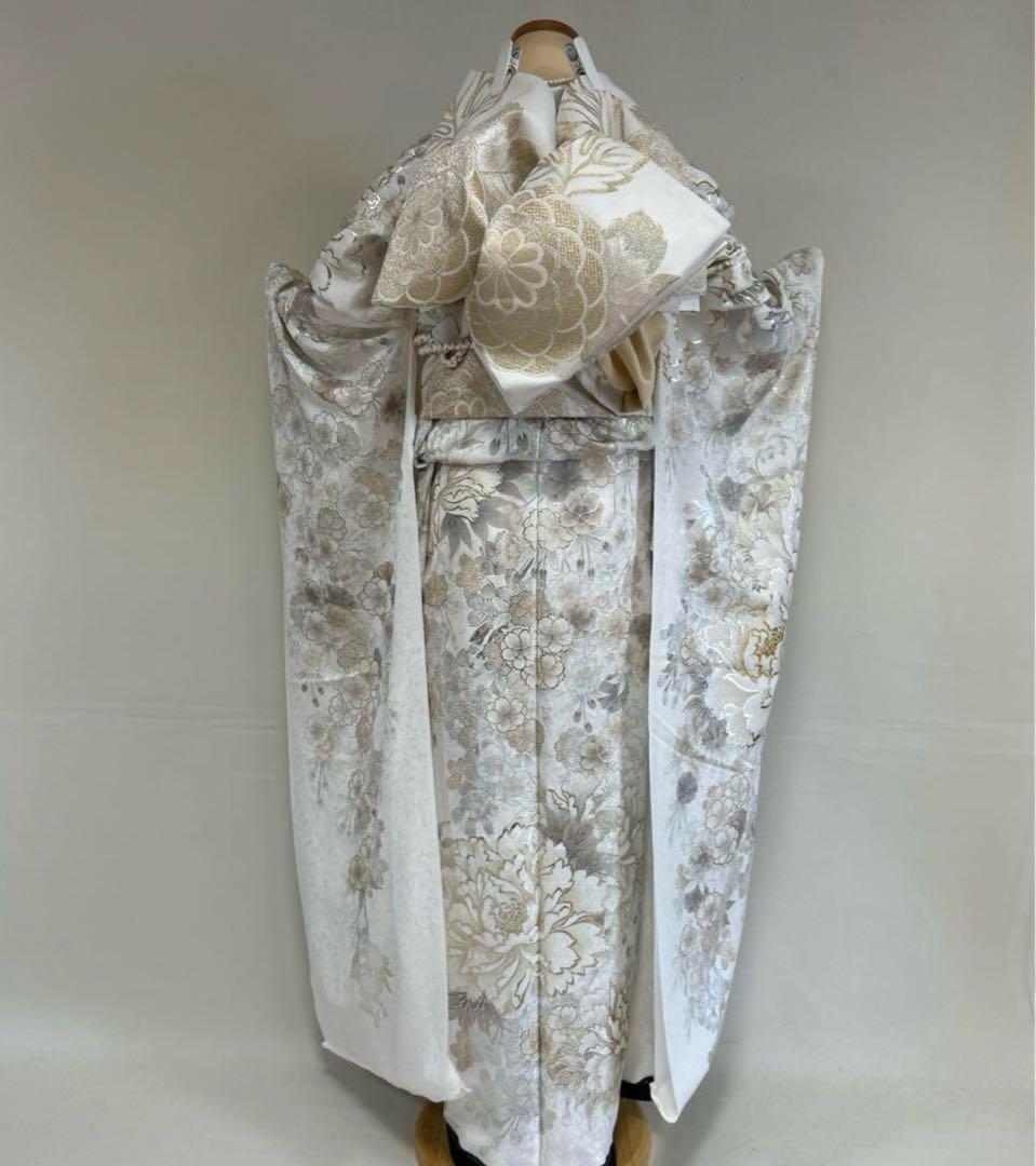シルク製 花柄 振袖 白
