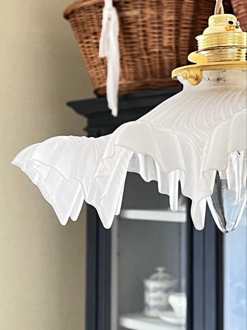 【美品】フランスアンティーク フリルシェード ランプ すりガラス [3526]