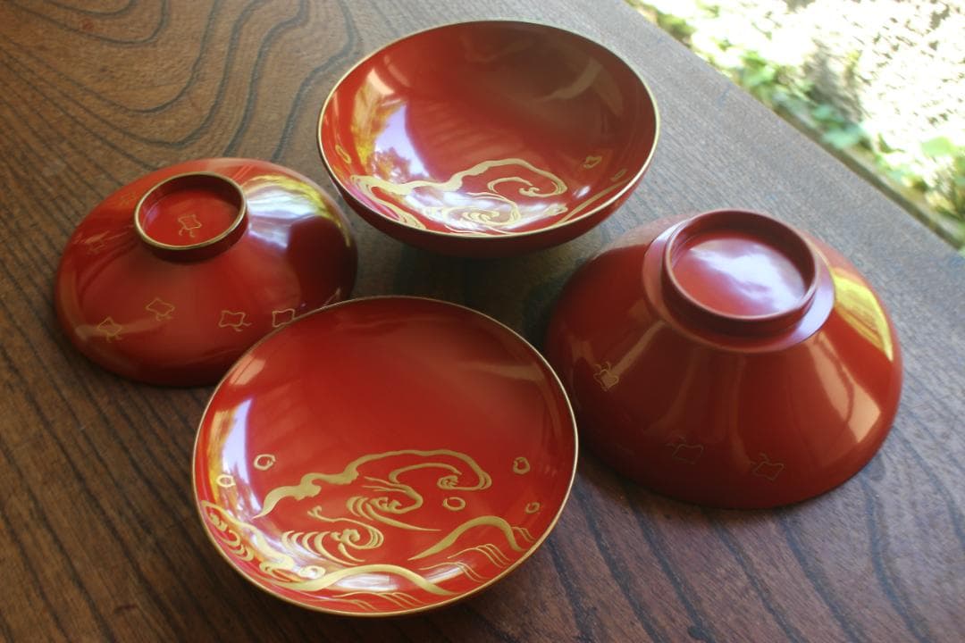 デッドストック！極上金縁朱漆に優美な波千鳥蒔絵のお椀2点（検輪島塗蒔絵椀雑煮椀