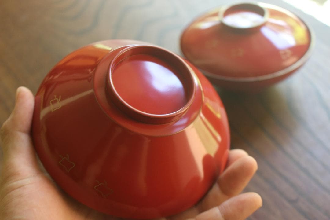 デッドストック！極上金縁朱漆に優美な波千鳥蒔絵のお椀2点（検輪島塗蒔絵椀雑煮椀