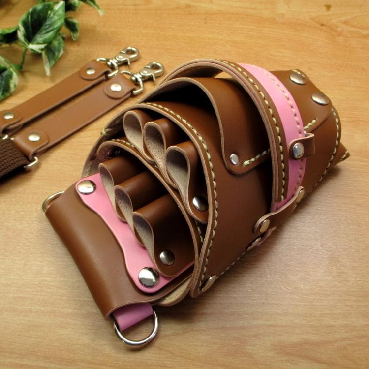 キャメル＆ピンク　６丁差し　本革　シザーケース　SCA-100/CCB