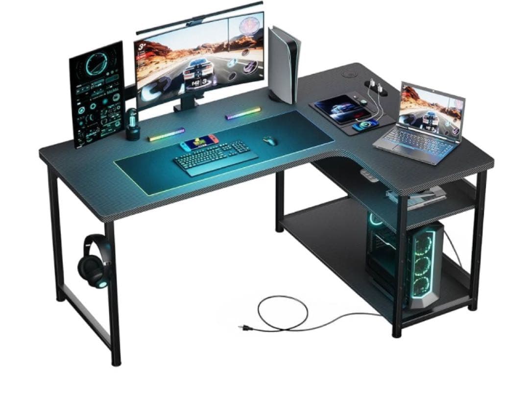 GTRACING ゲーミングデスク カーボン調 コンセント付き パソコンデスク