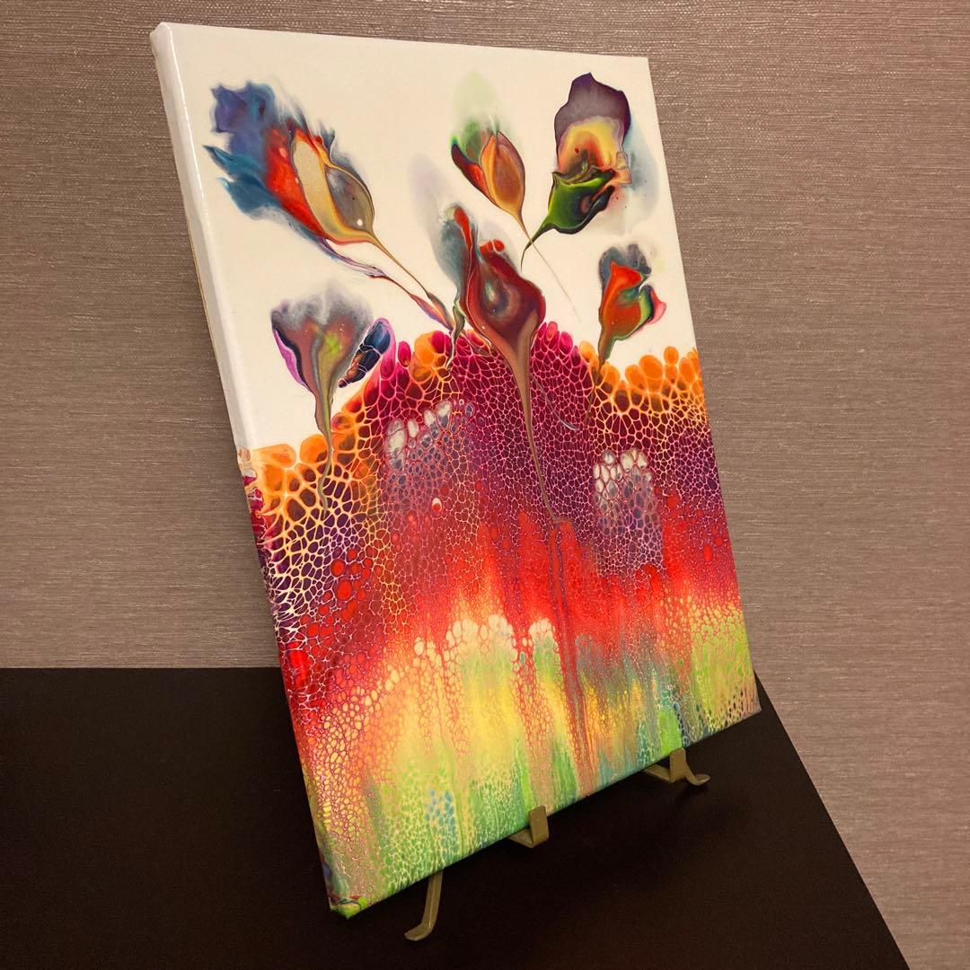 送料込み アクリルペイントアート 絵画 ラメ 赤 オレンジ