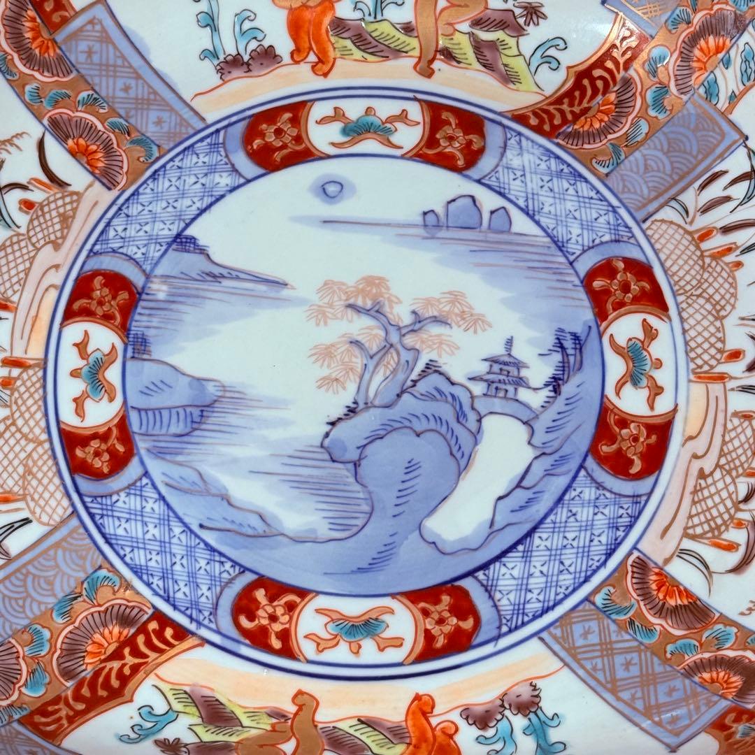 古伊万里　色絵風景画人物図三ツ鉢揃　二重四ツ足高台　四角鉢　珍品　古美術