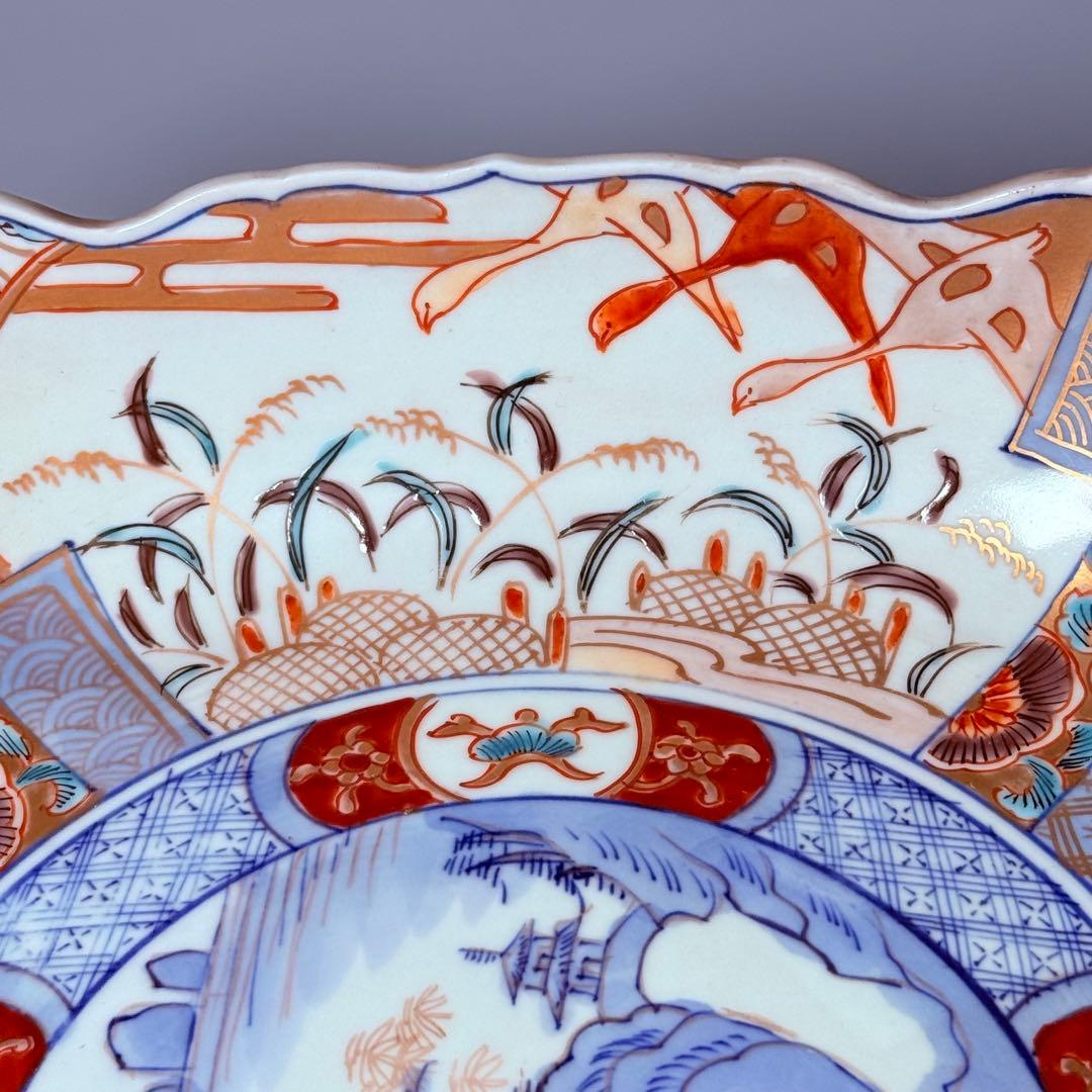 古伊万里　色絵風景画人物図三ツ鉢揃　二重四ツ足高台　四角鉢　珍品　古美術