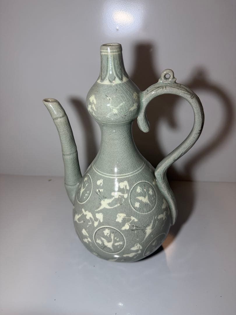 古美術】高麗青磁 象嵌 雲鶴紋 水注 酒器 急須 骨董品 飾壺 青磁
