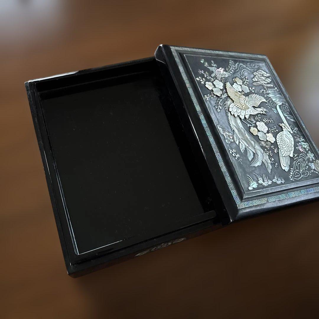 宮*中様 漆器文箱 貝殻細工 鶴　螺鈿細工漆塗り小物入れ　硯箱 すずり箱 螺鈿（