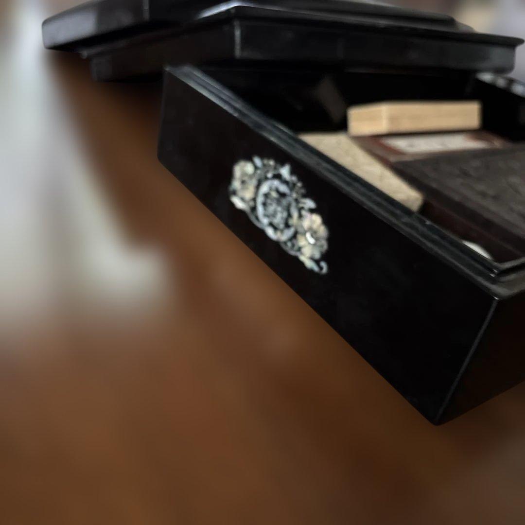 宮*中様 漆器文箱 貝殻細工 鶴　螺鈿細工漆塗り小物入れ　硯箱 すずり箱 螺鈿（