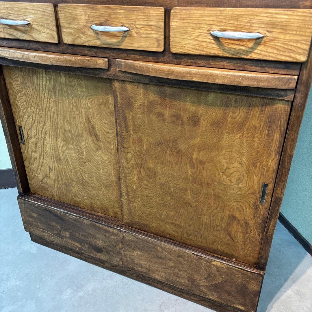 木製食器棚 アンティーク家具 波ガラス レトロ　ラック