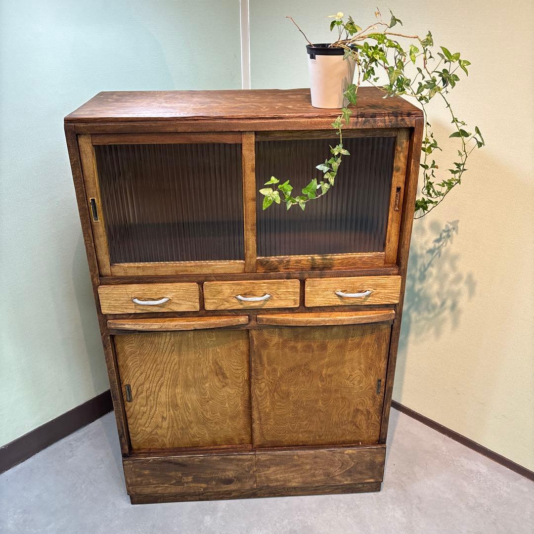 木製食器棚 アンティーク家具 波ガラス レトロ　ラック