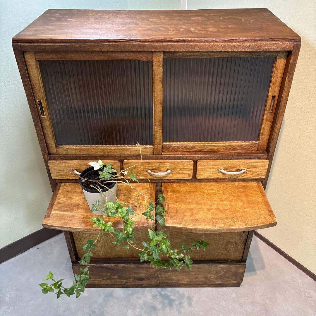 木製食器棚 アンティーク家具 波ガラス レトロ　ラック