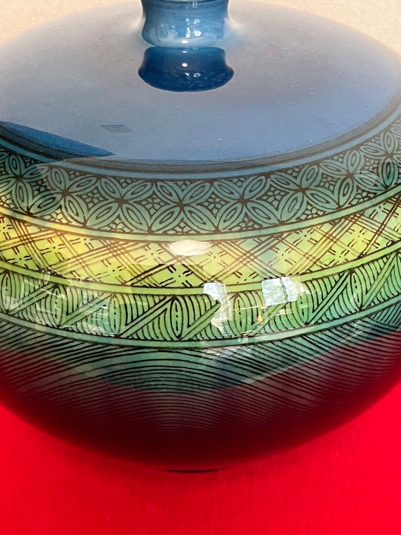 【大型】人間国宝 三代 徳田八十吉（正彦銘）碧明釉 小紋壺 管理T291