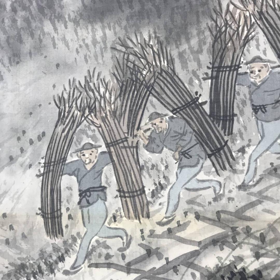 福井江亭/山水図/農作業図/掛軸☆宝船☆AB-613