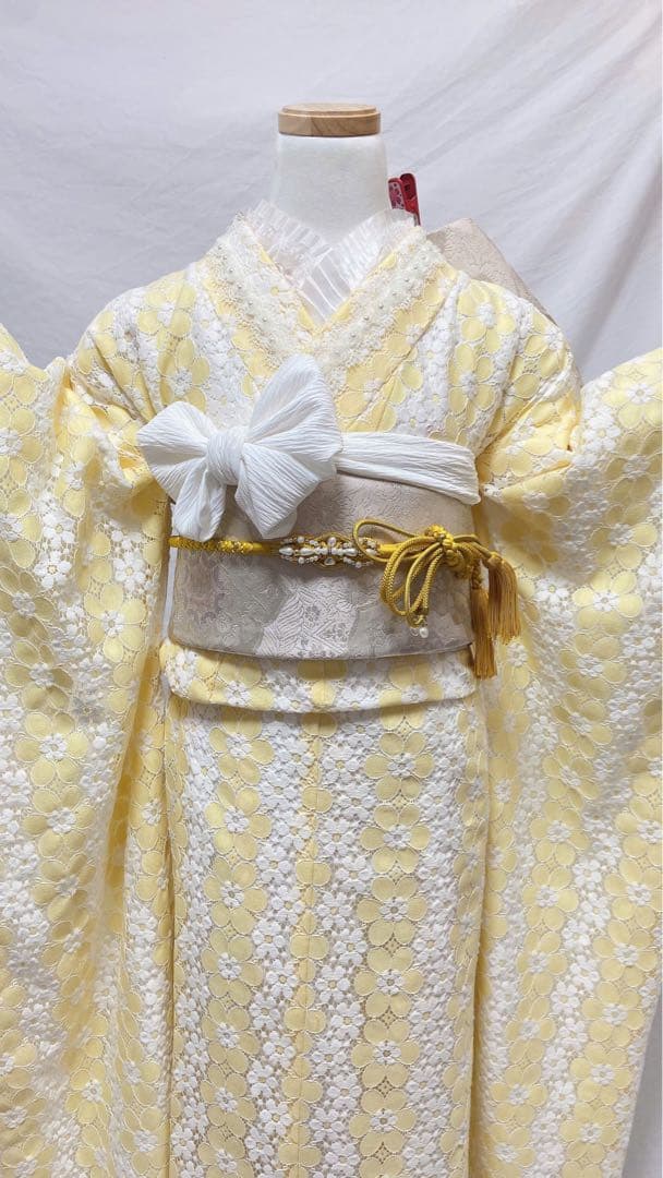 レース花柄 黄色 振袖　振袖フルセット　振袖 成人式　　振袖セット