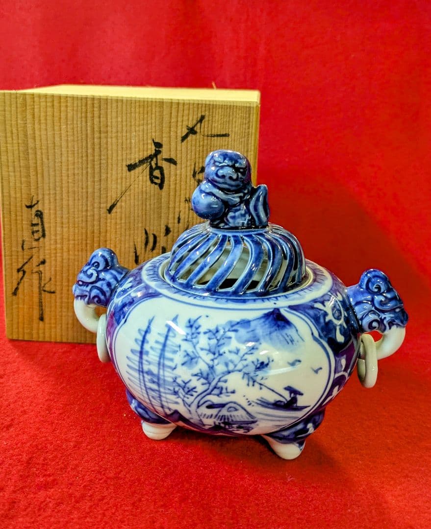 香炉-工芸品/九谷焼/九谷焼香炉 直作染付香炉/九谷焼 耳付香炉/茶道具