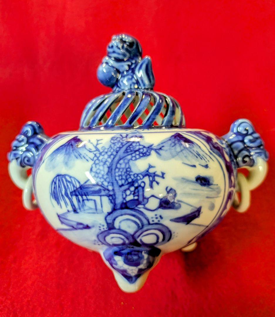 香炉-工芸品/九谷焼/九谷焼香炉 直作染付香炉/九谷焼 耳付香炉/茶道具