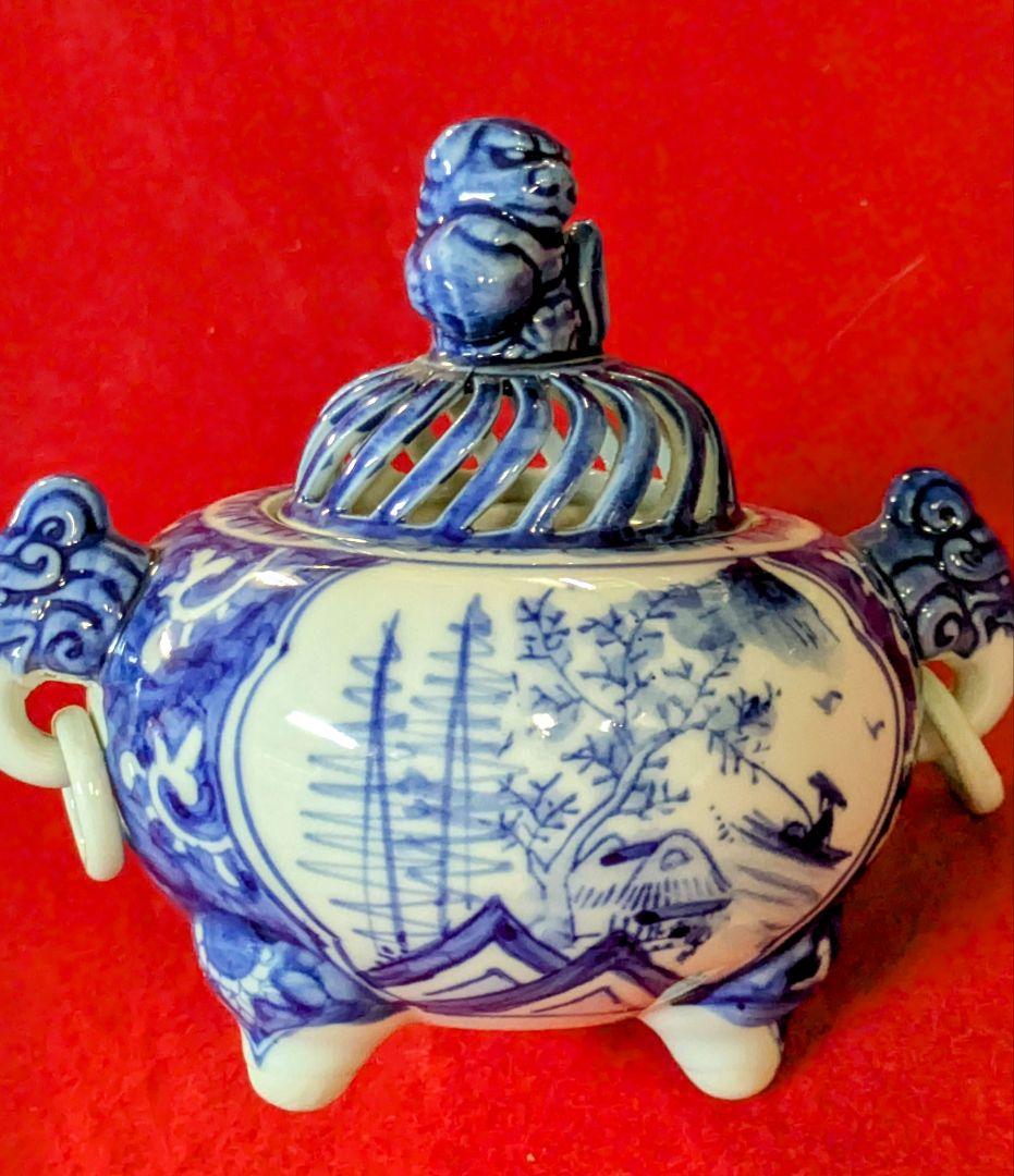 香炉-工芸品/九谷焼/九谷焼香炉 直作染付香炉/九谷焼 耳付香炉/茶道具