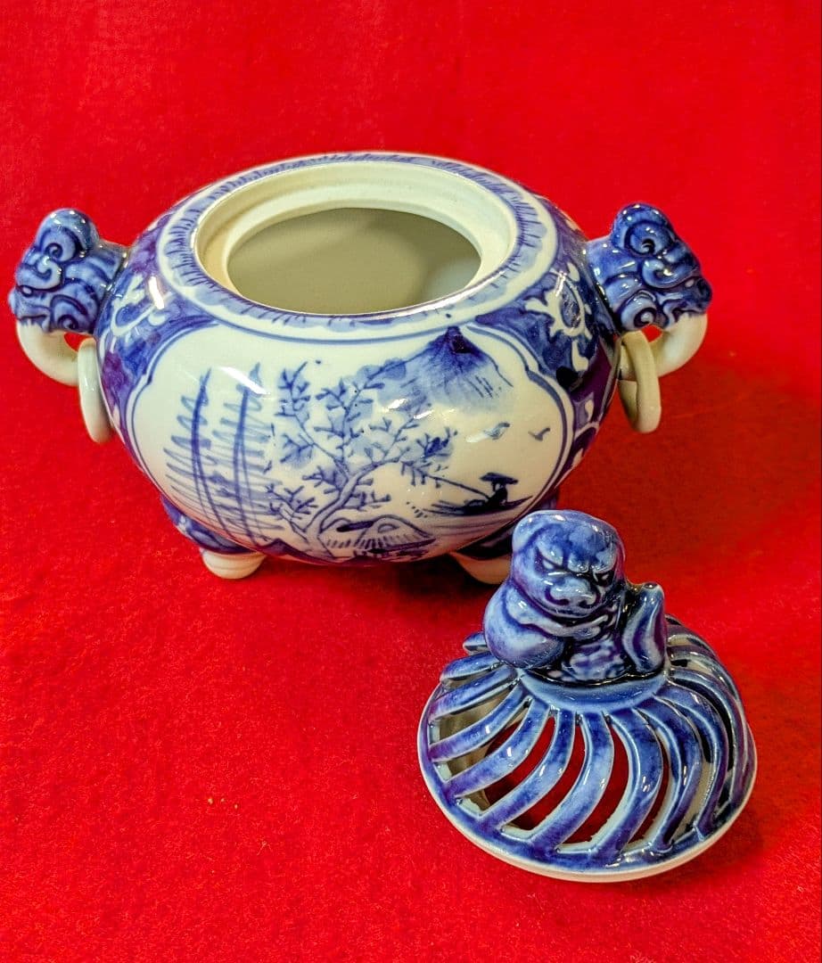 香炉-工芸品/九谷焼/九谷焼香炉 直作染付香炉/九谷焼 耳付香炉/茶道具