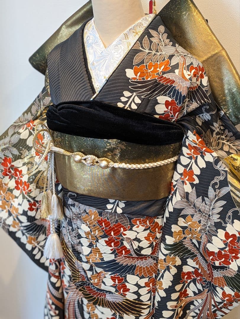 振袖フルセット 身丈158裄66.5 黒 グレー 金彩 逸品 成人式
