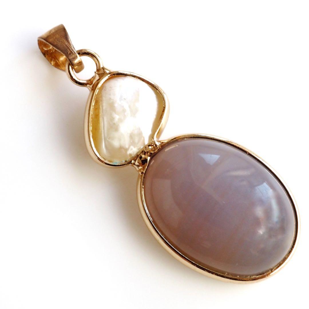 【blue.ks】No.3 天然淡水パール×瑪瑙のデザインネックレストップ