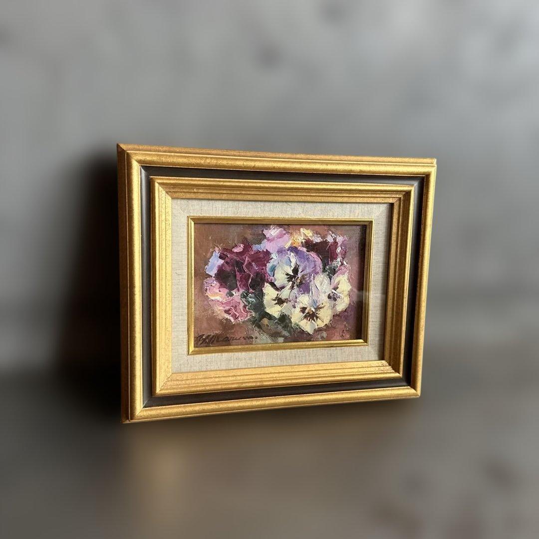 瞬間的お値下げ‼️とても素敵なパンジーの花の油彩画 ゴールドフレーム丸茂義輝