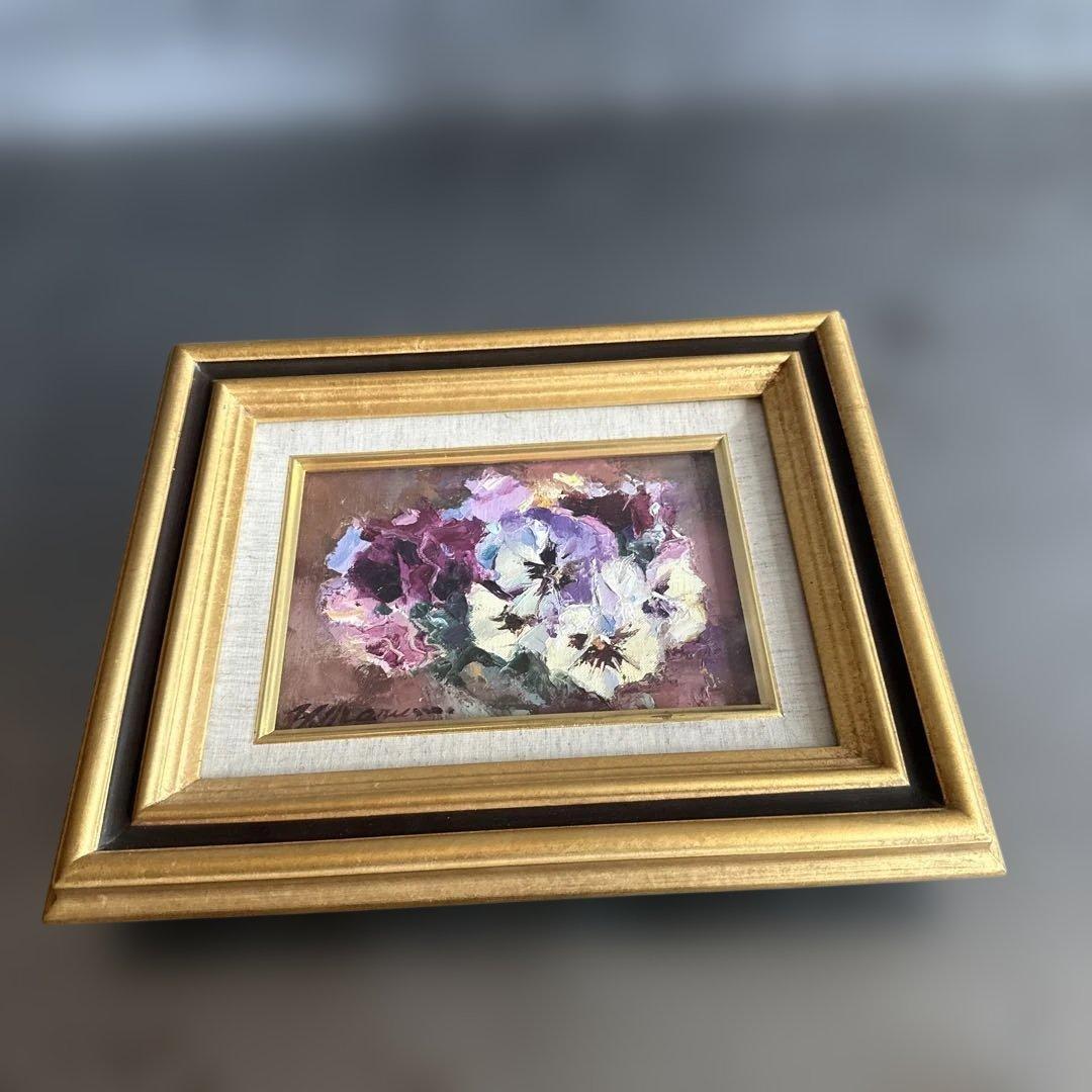 瞬間的お値下げ‼️とても素敵なパンジーの花の油彩画 ゴールドフレーム丸茂義輝