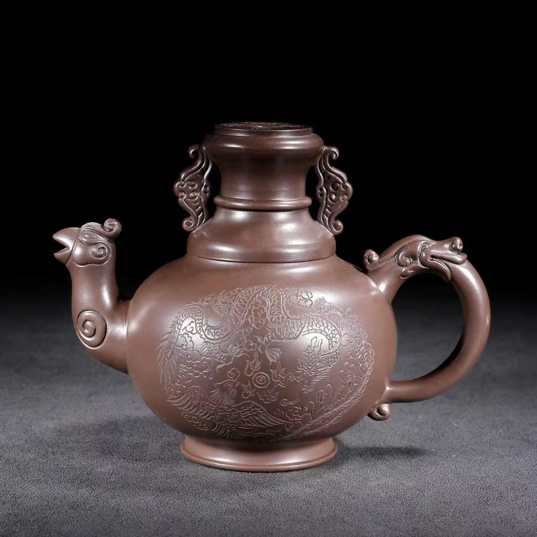 中国古美術・原礦紫泥・陳鳴遠製陶紋・龍鳳吉祥紫砂壺・紫泥急須・茶壺・茶道具・賞物