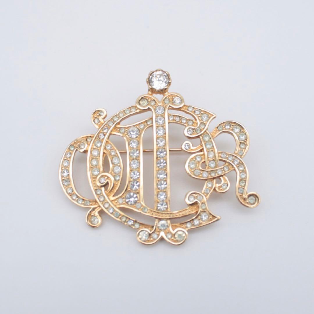 極美品 クリスチャンディオール ゴールド ブローチ エンブレム ラインストーン