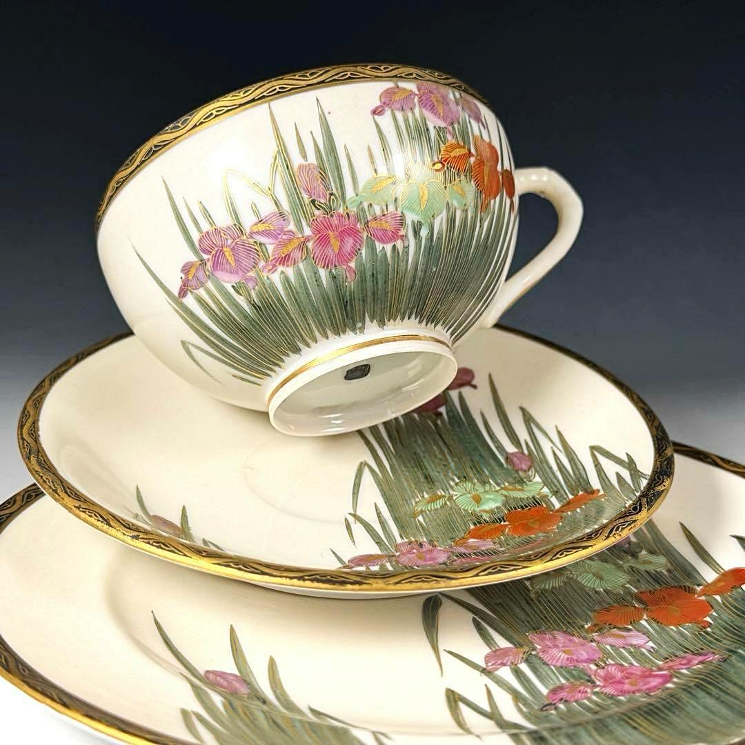 極美品■オールドニッポン 薩摩 エッグシェル 金彩 菖蒲図紋 キャビネットトリオ