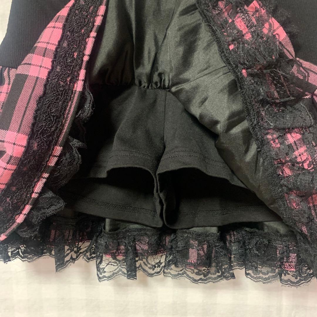 TRALALA ピンク チェック柄 レース リボン付き スカパン