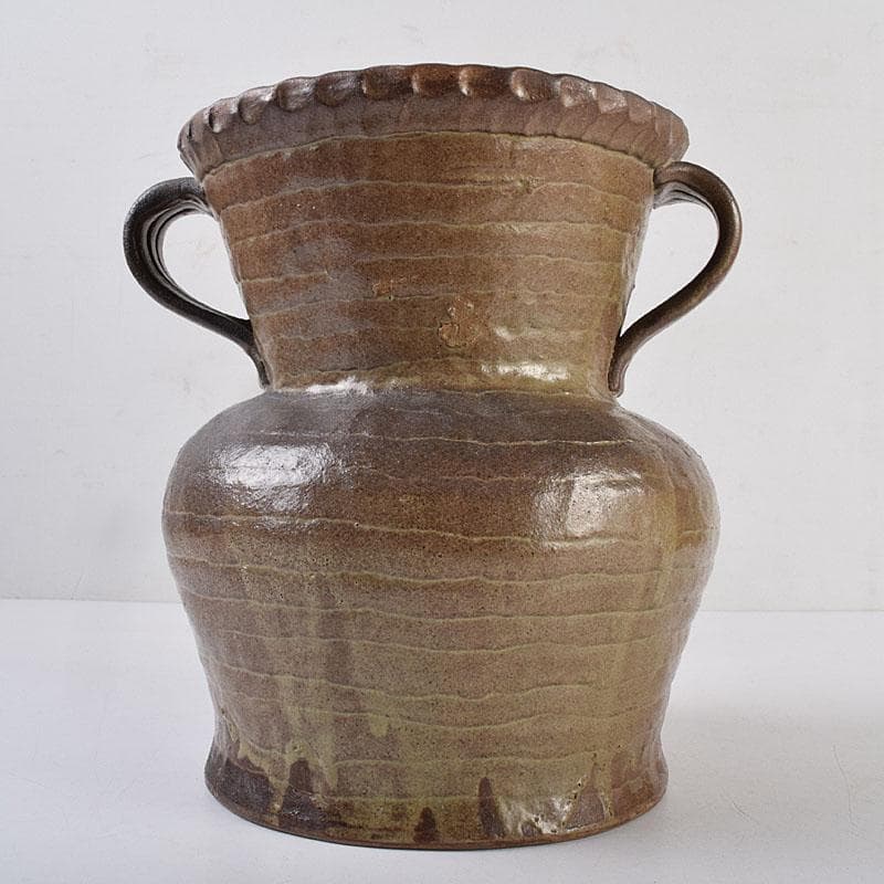 壺屋焼　爍山銘　内魚刻　双耳壷　花瓶　時代箱　M　R9056H