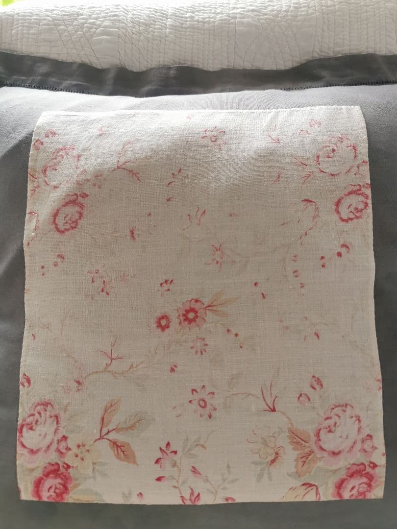 アンティーク フレンチ花柄薔薇ファブリックリネン ヘム刺繍グレークッションカバー