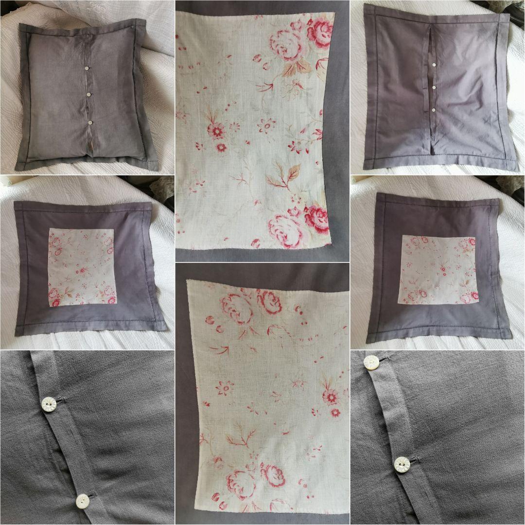 アンティーク フレンチ花柄薔薇ファブリックリネン ヘム刺繍グレークッションカバー