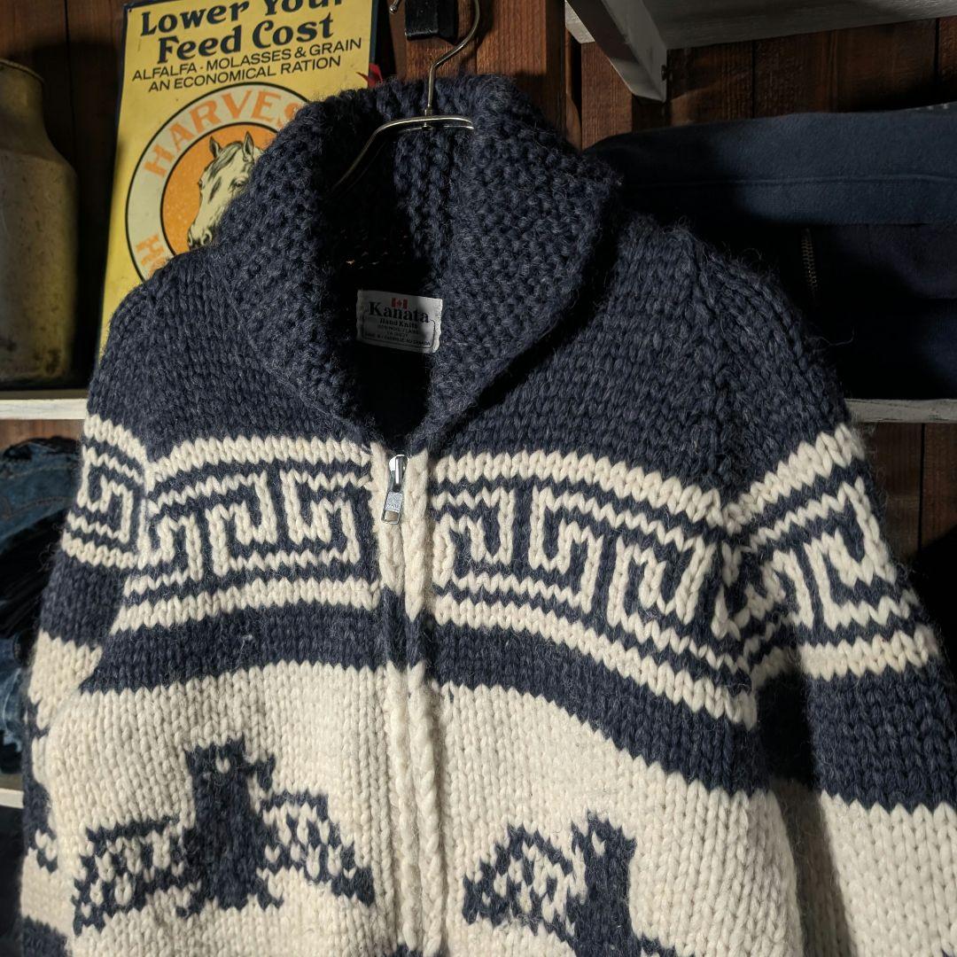 80s 90s　カナダ製　KANATA　イーグル柄　カウチンニット　ジップアップ