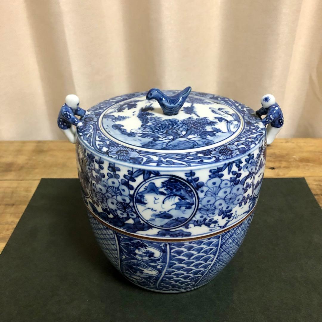 高野昭阿弥 青華祥瑞写二閑人水指 共箱 茶道具