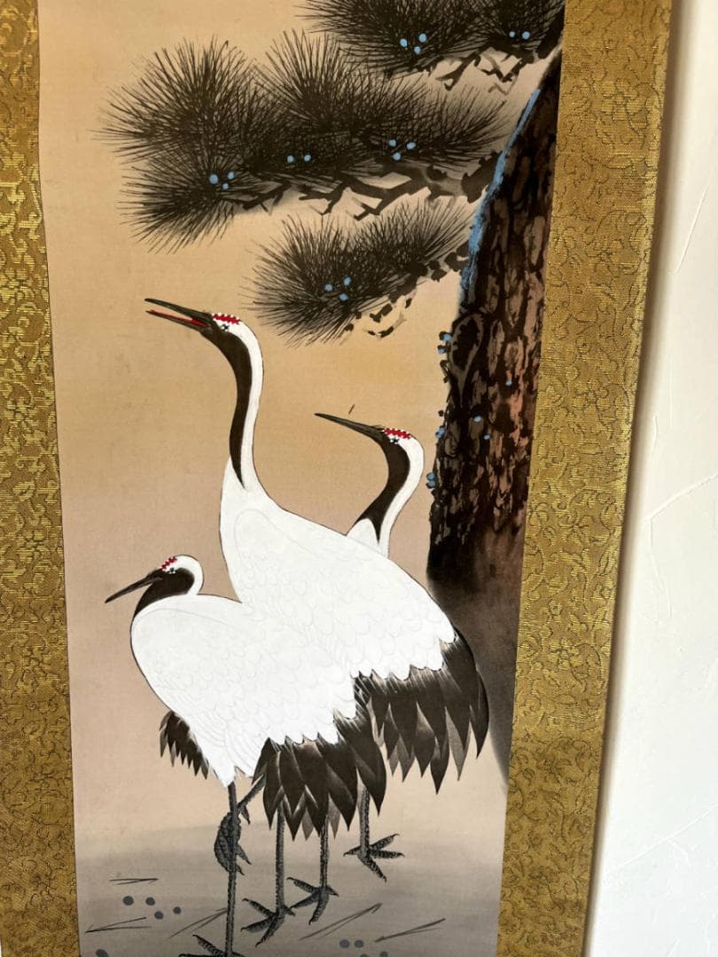 掛軸■三福対 芳崖 松竹梅 鶴亀 人物 寿老人 絹本 肉筆 時代物 骨董品■⑲