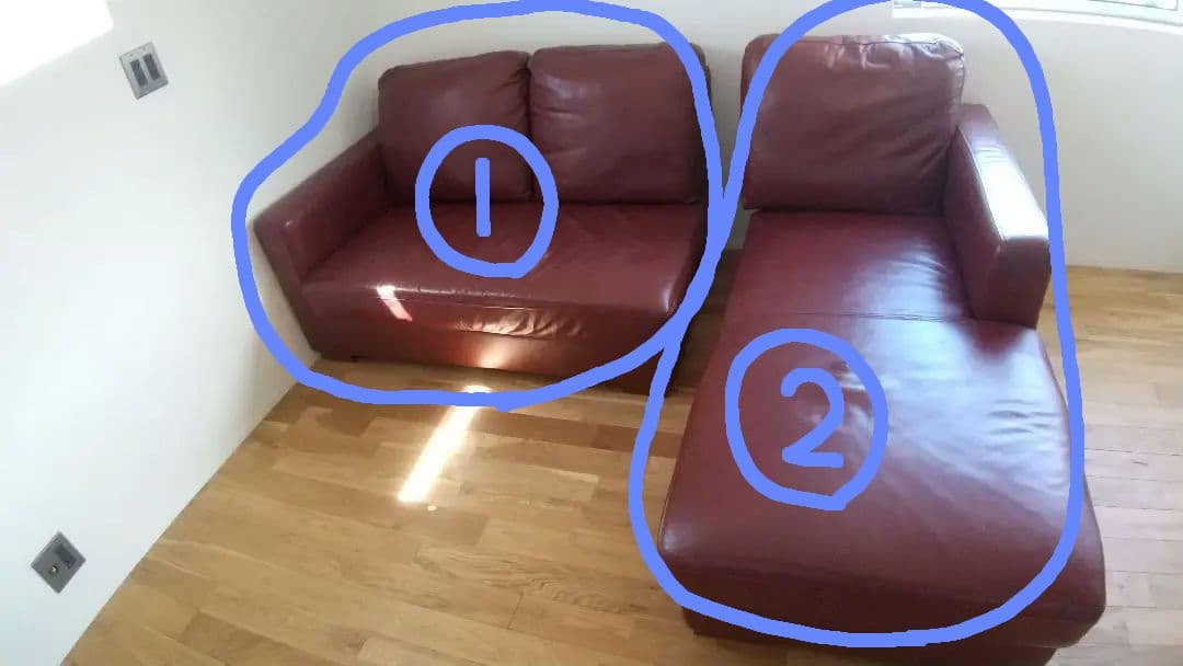 ワインレッド 本革 カウチソファ① (②と共にご購入下さい！)