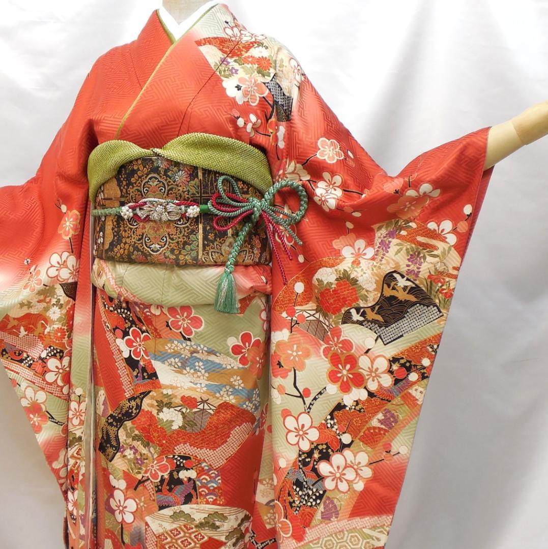 極美品★振袖フルセット　正絹　成人式　振袖　7点　Mサイズ　赤　古典柄　花柄