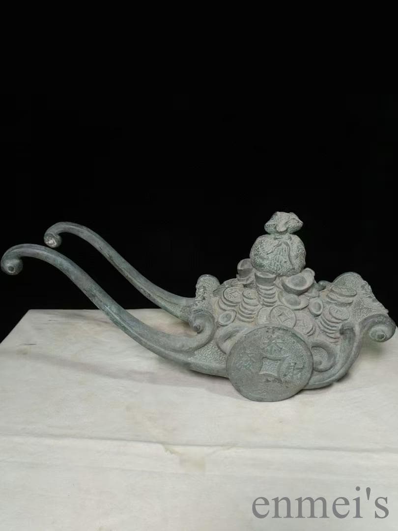 中国古美術 銅製 風水置物 牛拉元宝 開運 招財 五行財神 風水銅器 吉祥置物